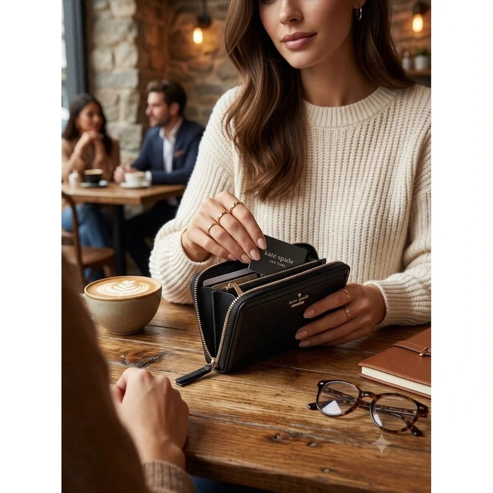 Kate Spade Wallet Black Leather Patterson Drive Anita Compact Double Zip Classic